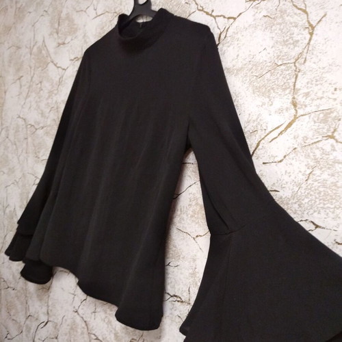Elegant black blouse with tiered bell sleeves, XS-S