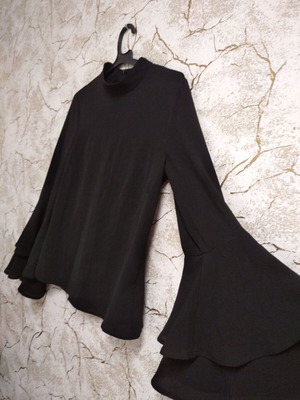 Elegant black blouse with tiered bell sleeves, XS-S