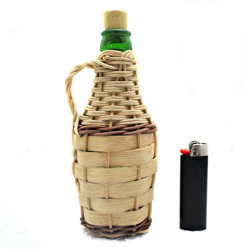 Small damigiana with wickerwork new, 20cm height, green glass
