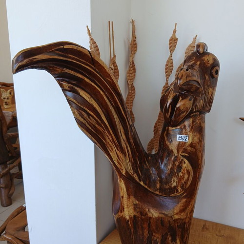 Rooster sculpture new, solid oak, 67 cm tall