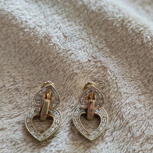 Double heart earrings like new, gold tone with rhinestones