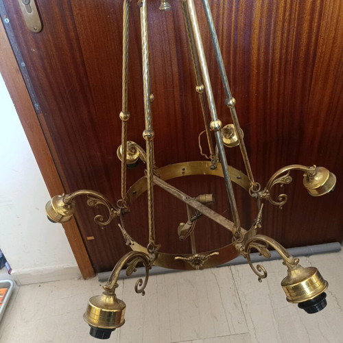 Bronze ceiling chandelier eight-light used with glass shades, vintage