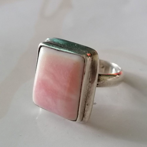 925 Silver Ring with Rectangular Pink Nephrite Stone New