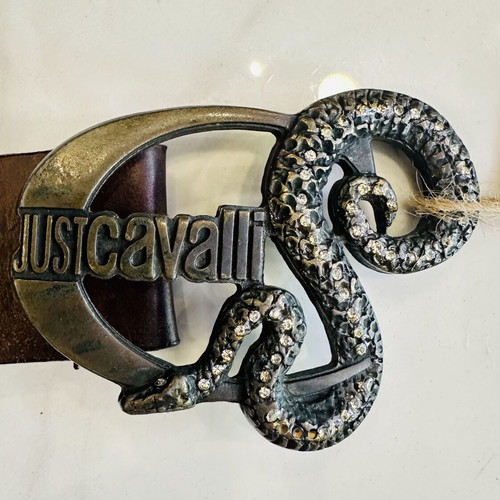 Just Cavalli leather belt with snake metal buckle, 100 cm, brown