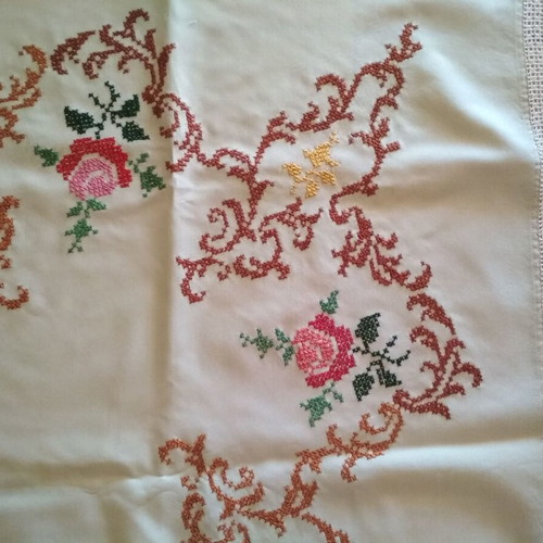 Embroidered handmade tablecloth used, beige with rose design