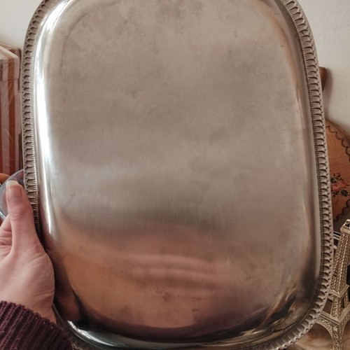 Vintage silver-plated tray with raised detailed border like new