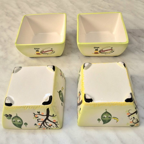 Ceramic bowls set of 4 new, light green with designs