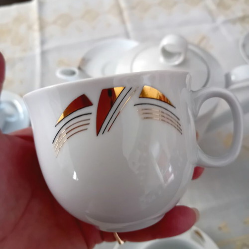 Bohemia porcelain tea set like new, white with gold leaf decoration