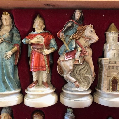 Chess set with hand-carved and painted pieces like new