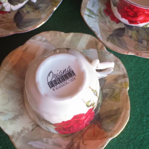 Oriana Ferelli tea cup set used, fine porcelain, 3 pieces