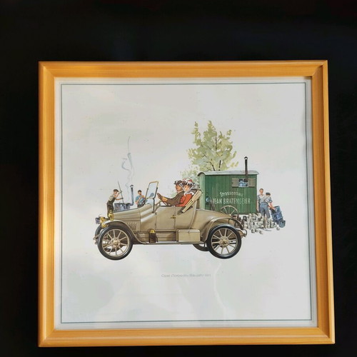 Collection of art prints with classic Opel car illustrations like new, 9 pcs