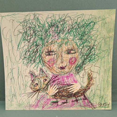 Modern art drawing with collage girl holding cat