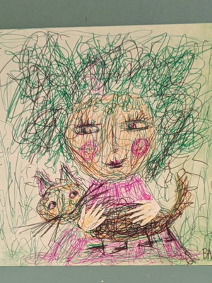 Modern art drawing with collage girl holding cat