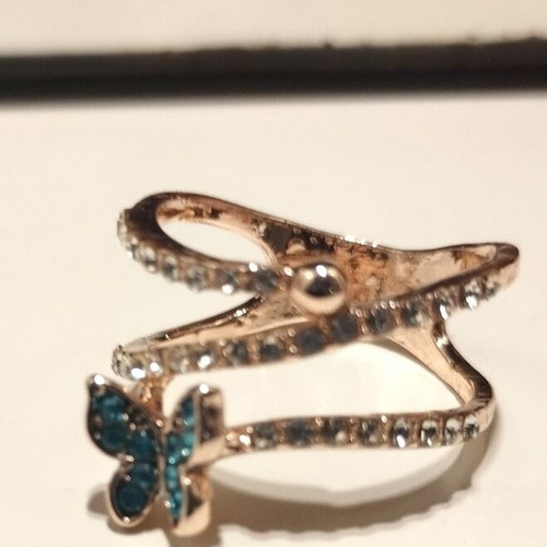 Butterfly ring with blue zircon and rhinestones, gold color, new