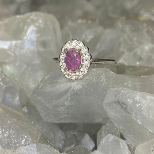 Silver ring with natural ruby and moissanites, new, handmade