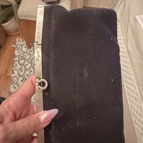 Salvatore Ferragamo black velvet clutch with silver metal frame