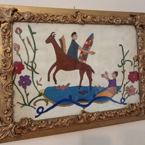 Embroidered painting O Frixos kai i Elli used, vintage, handmade