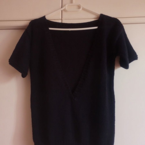 Handmade black knit top with open V back, used
