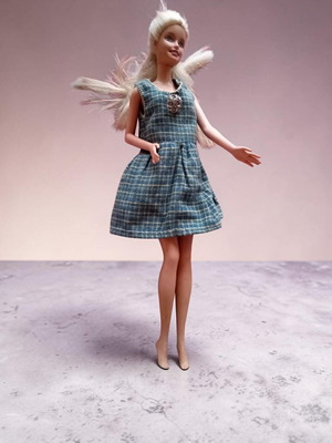 Vintage Barbie doll used, blue checkered fashionista dress