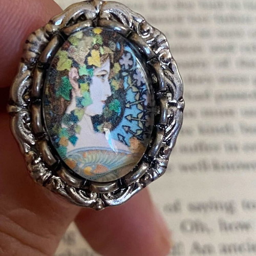 Handmade adjustable antique silver ring with Alfons Mucha art detail
