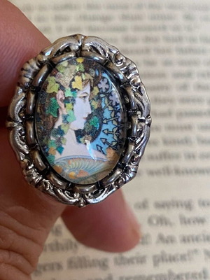 Handmade adjustable antique silver ring with Alfons Mucha art detail