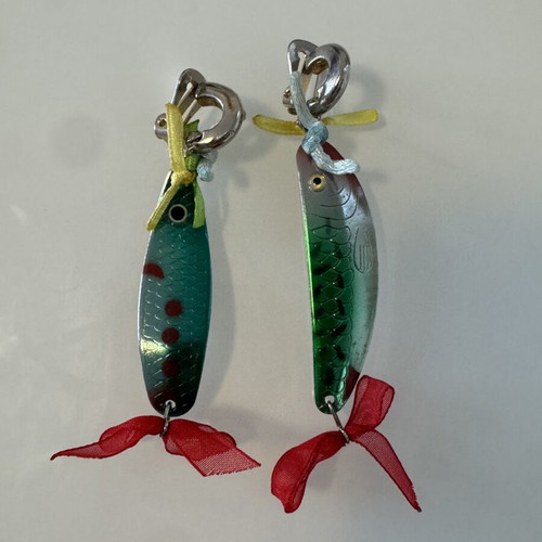 Handmade fish clip-on earrings, colorful, like new, vintage style