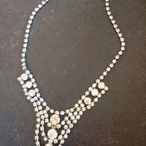 Vintage rhinestone bib necklace used, silver tone, 1950s style