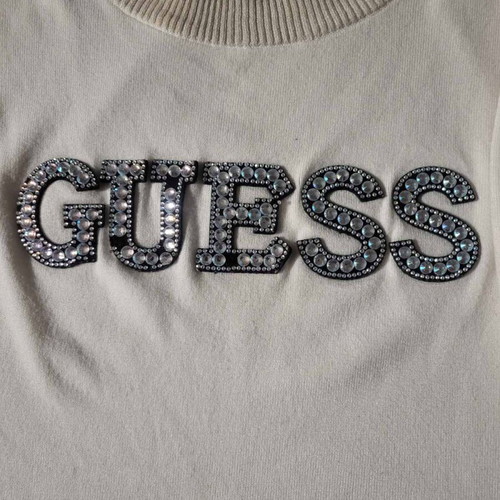 Guess blouse white with strass letters used, size S