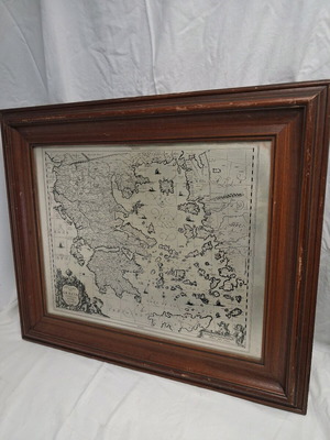 Engraving of Old Map of Greece on Metal like new with Wooden Frame 70×60cm