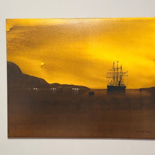 Original Painting by Giorgos Siountas Ship at Sunset 100×80 Like New