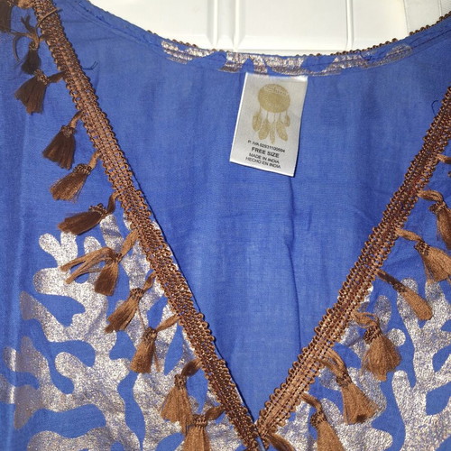 Blue dress with brown tassels like new, cotton, bronze prints
