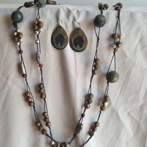 Boho Ethnic Jewelry Set with Long Beaded Necklace and Peacock Earrings like new