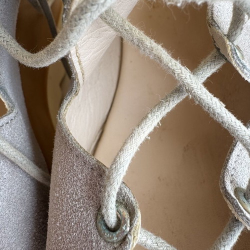 Flatform sandals lace up used, grey beige suede, size 39, 9 cm heel