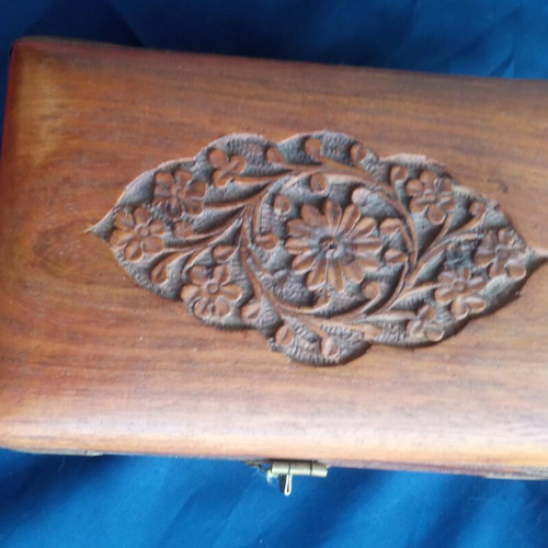 Wooden jewelry box vintage handmade, used, rosewood with brass details