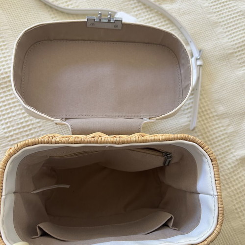 Wicker bag with white vegan leather crossbody strap like new