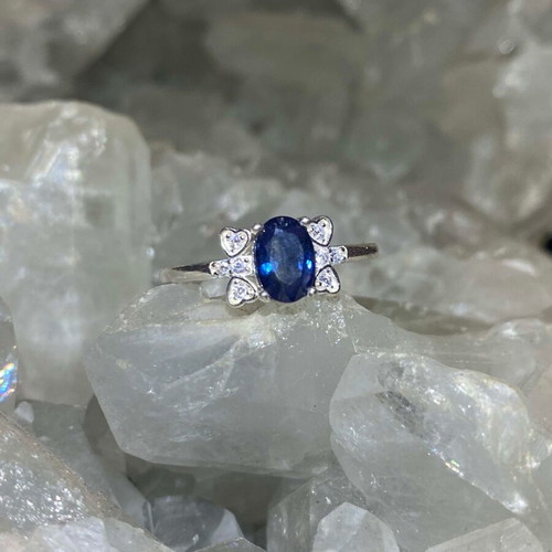 Handmade silver ring with natural blue sapphire and moissanites size 6