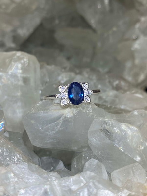 Handmade silver ring with natural blue sapphire and moissanites size 6