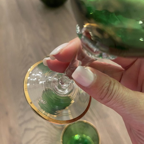 Antique green liqueur glasses with gold decoration, like new