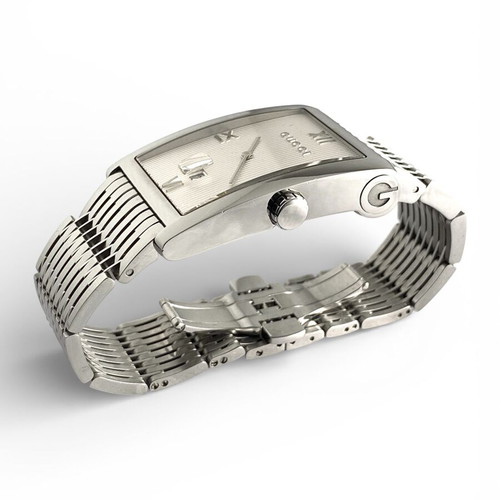 Gucci Logo Rectangular Stainless Steel Bracelet Date Roman Quartz Swiss 8600 M Wrist Watch like new
