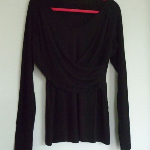 Black stretch long sleeve shirt with front wrap, size 36