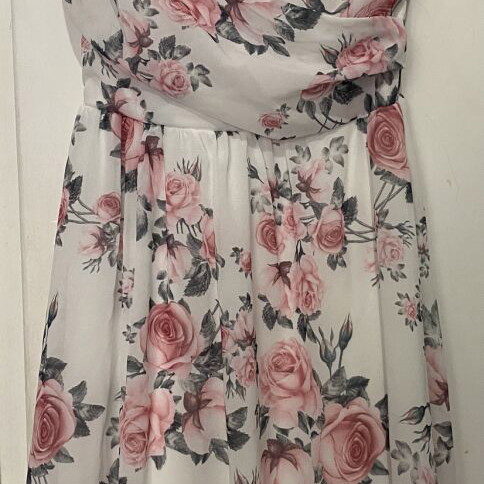 Floral dress new, adjustable straps, wrap cut, elastic under bust, white and pink