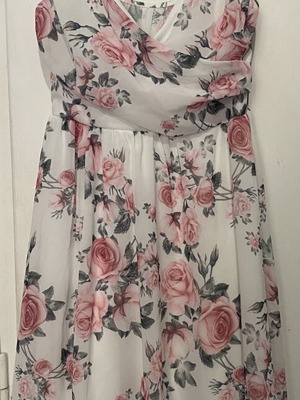 Floral dress new, adjustable straps, wrap cut, elastic under bust, white and pink