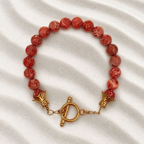 Steel bracelet with red coral and gold-plated elements, new