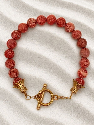Steel bracelet with red coral and gold-plated elements, new