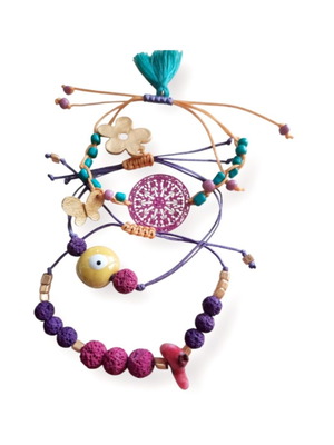 Set of 4 18K Gold-Plated Bracelets and Earrings with Lava and Ceramic Eye