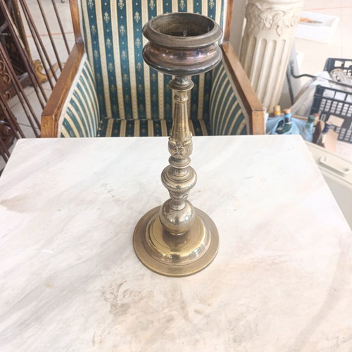 Vintage brass lamp base used, classic tall candlestick
