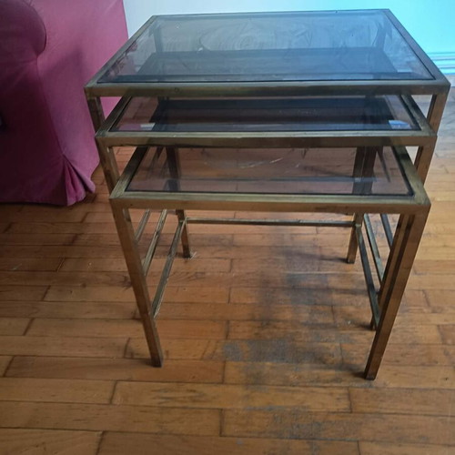 Vintage coffee tables set with brass frame and smoked glass used
