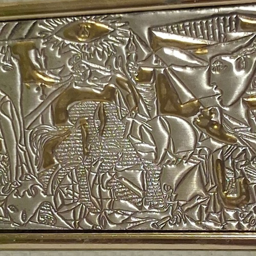 Guernica embossed metal plaque decoration like new with gilded details