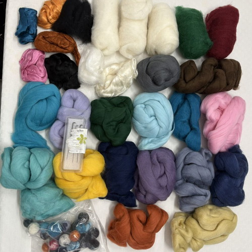 Needle felting wool set with needles, large color variety