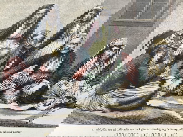 1870 Κύπρος παραδοσιακες γιορτινές φορεσιές επιχρωματισμενη ξυλογραφία
